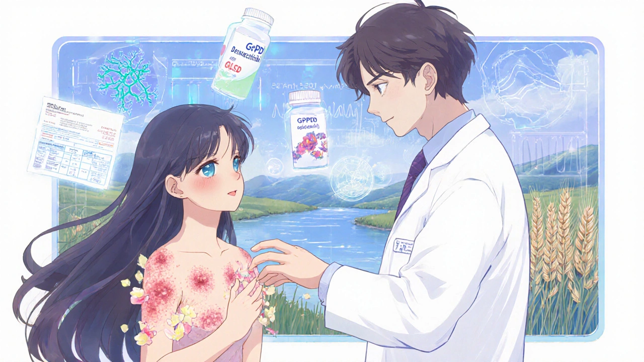 A dermatologist helping a patient heal as a futuristic drug display glows behind them.