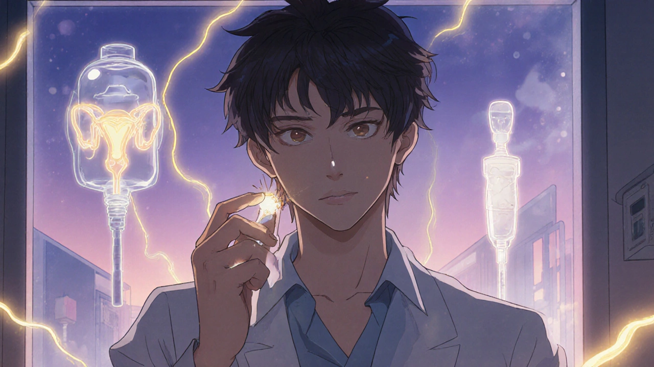 A man holding a MUSE suppository with glowing urethral pathways and floating medical devices around him.