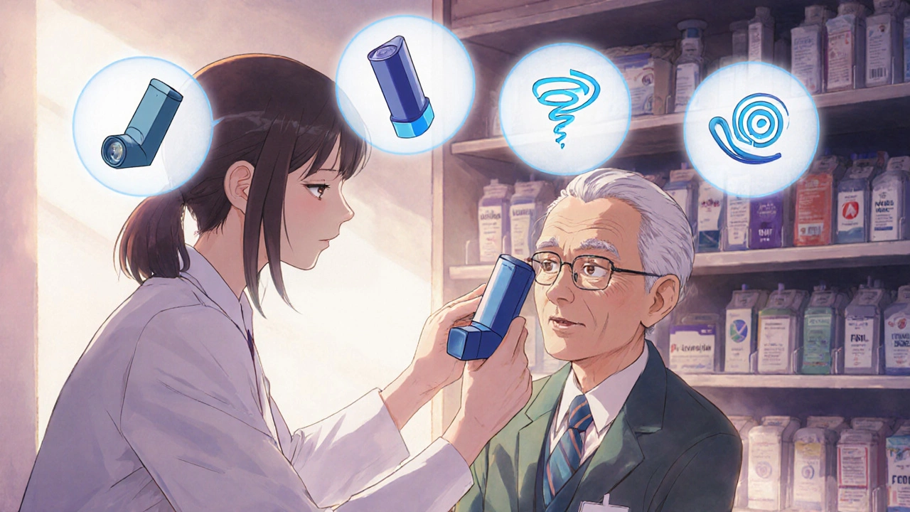 A pharmacist demonstrating a breath-actuated inhaler to an elderly patient in a pharmacy.