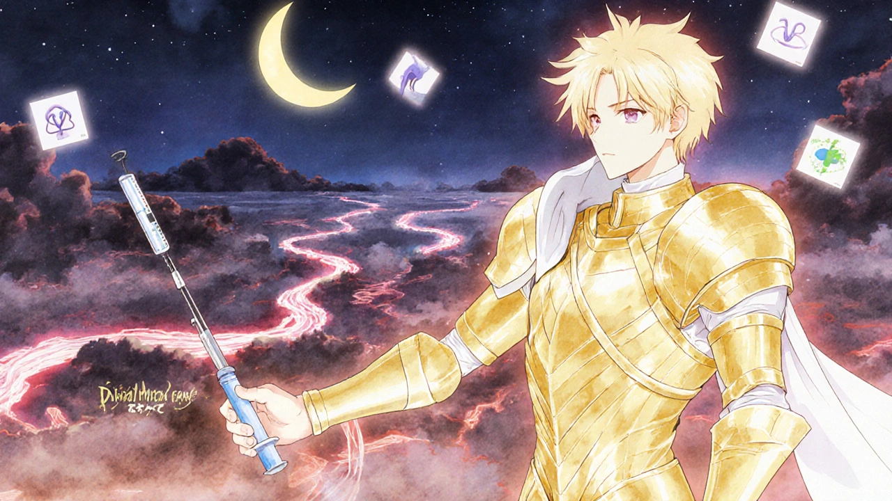 A symbolic battlefield of blood flow pathways with Alprostadil and implant as victorious figures under moonlight.