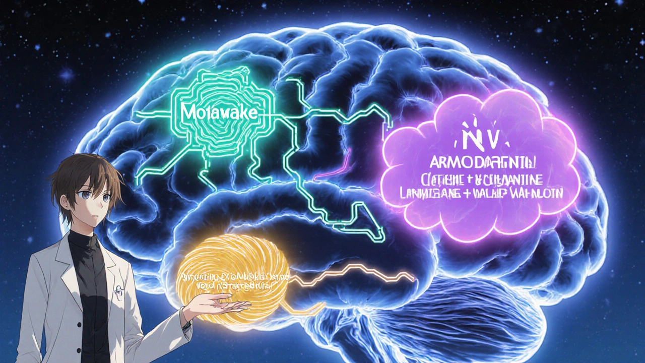 Anime brain scene showing glowing zones for Modawake, Armodafinil, and caffeine+L‑theanine.