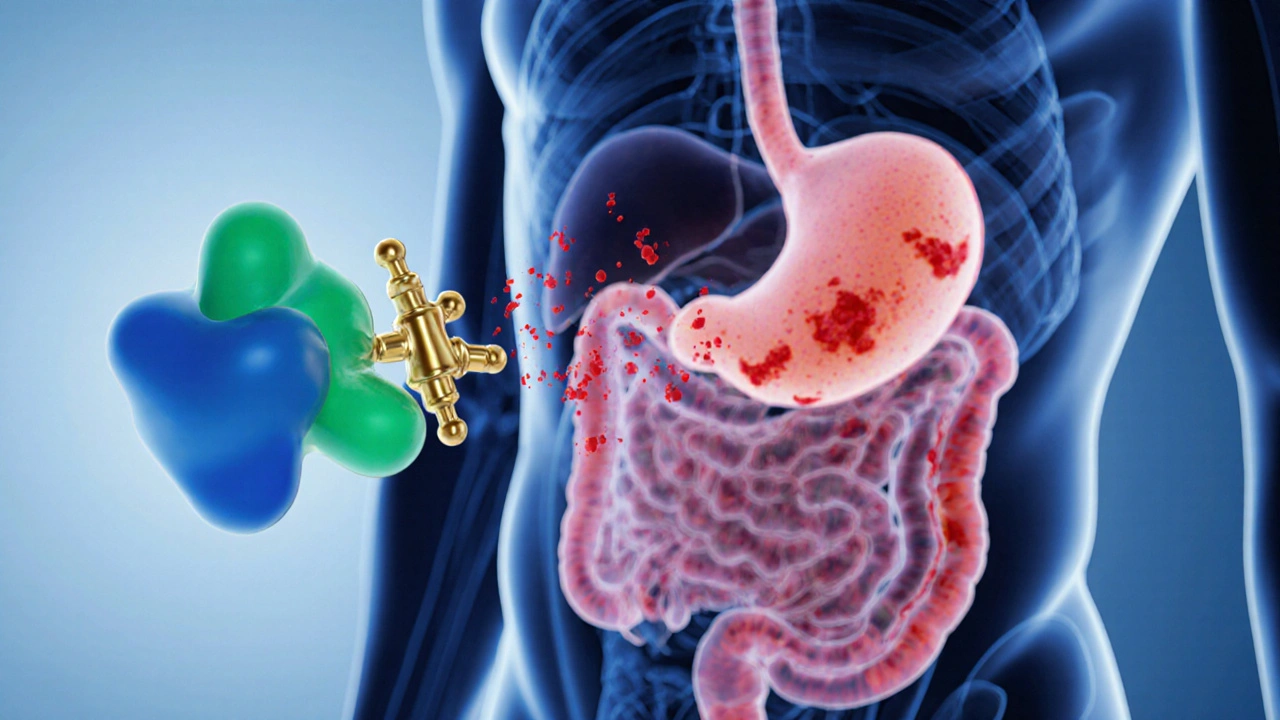 Artistic view of meloxicam binding to COX‑2 enzyme, reducing inflammatory signals in a cell.
