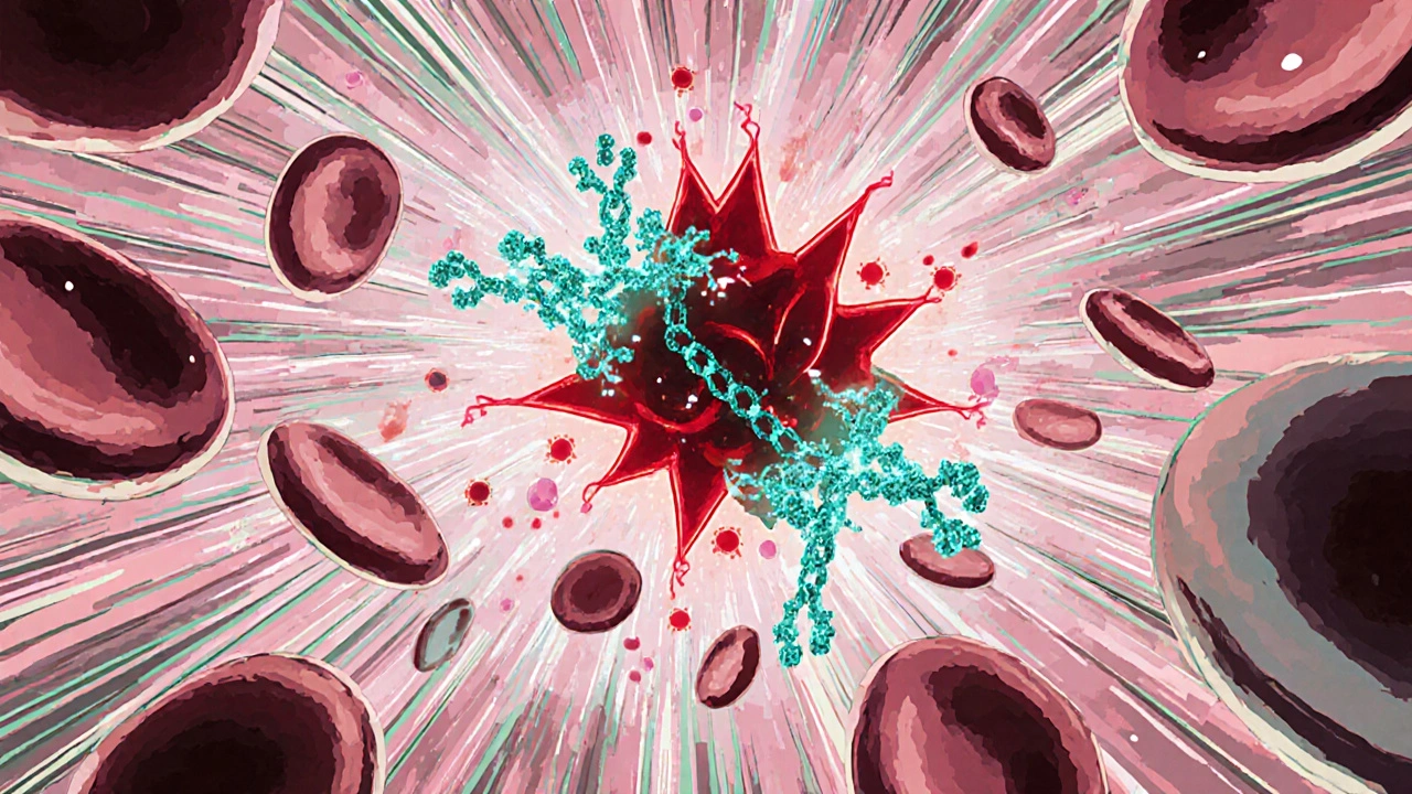 Cellular scene showing imatinib molecules binding to a red BCR‑ABL protein among blood cells.