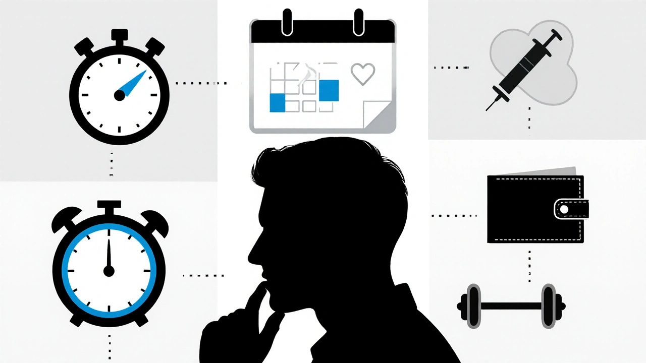 Collage of stopwatch, calendar, wallet, syringe, heart, and dumbbell in monochrome with blue highlights.