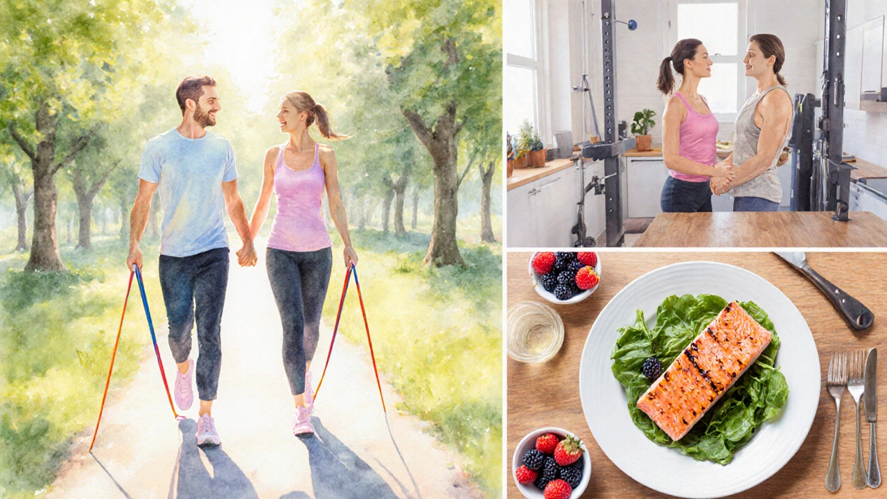 Couple walking, exercising, and sharing a healthy meal together.