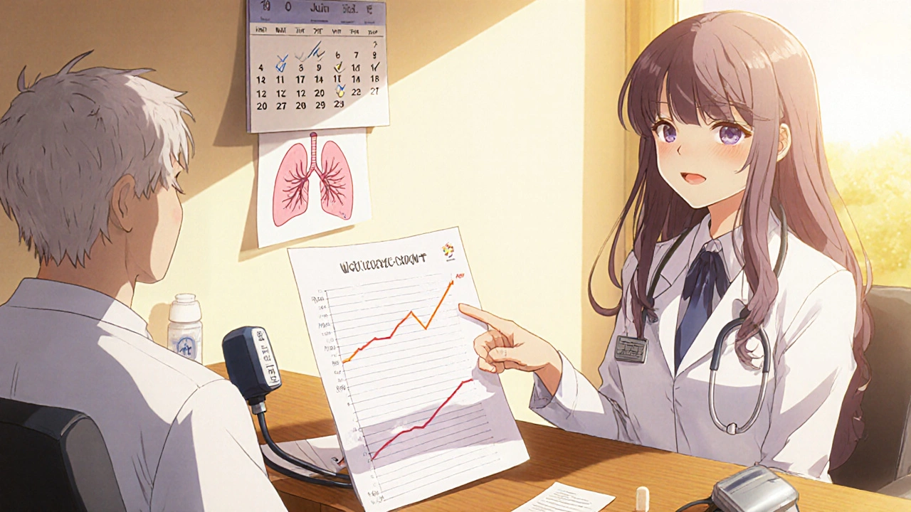 Doctor and patient reviewing a care plan with monitoring chart, blood pressure cuff, and nicotine patch.