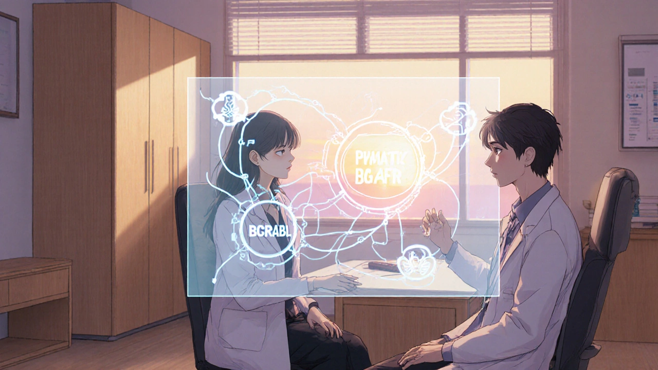 Doctor and patient viewing a holographic display of multiple molecular pathways and drugs.