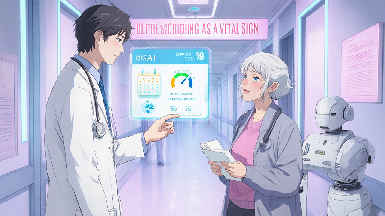 Doctor and senior patient discussing AI deprescribing alert in a futuristic clinic.