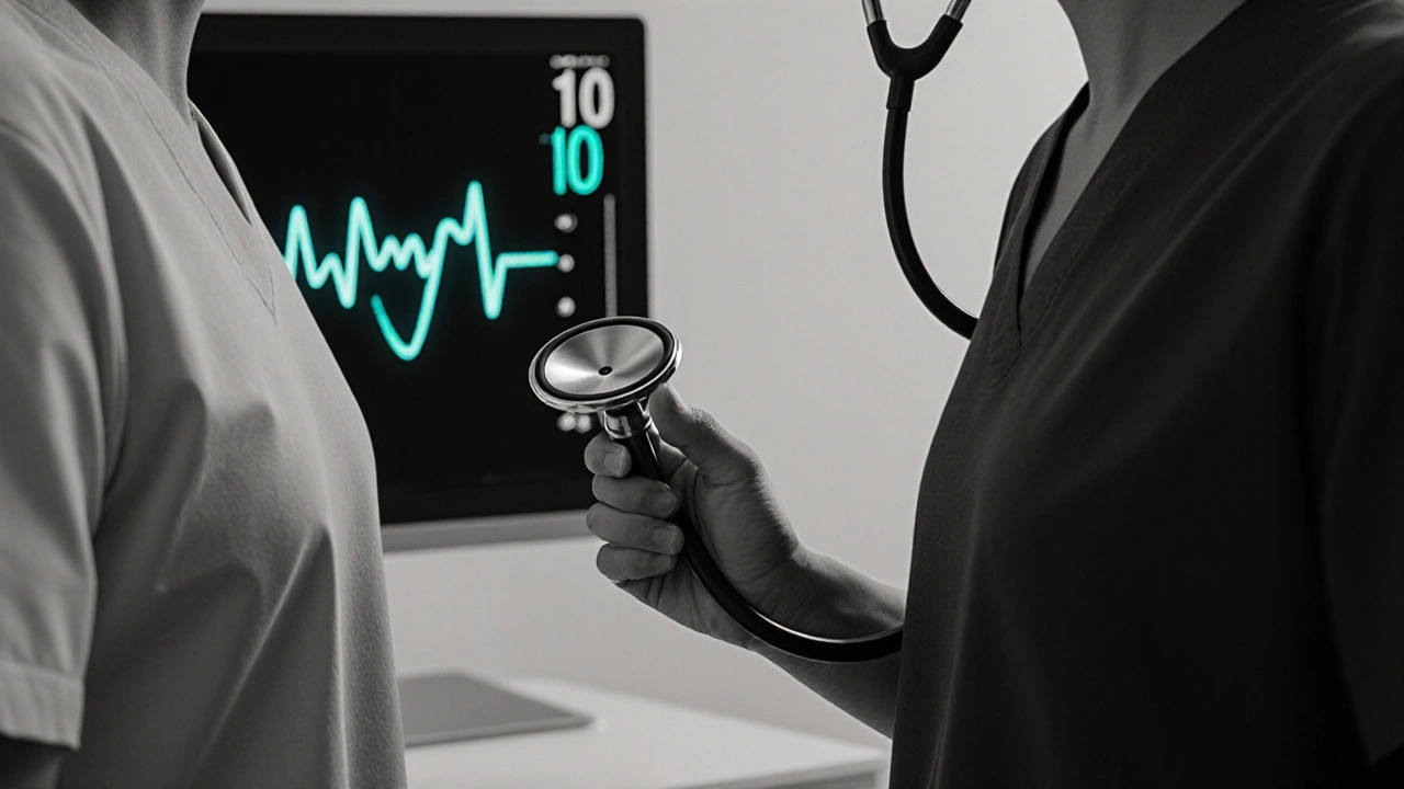 Doctor checking heart with stethoscope, waveform monitor, and ventricular silhouette.