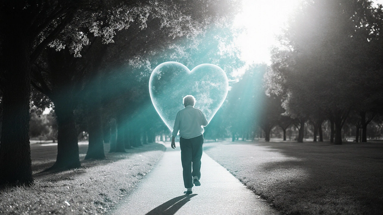 Elderly patient walking in park, teal light highlighting improved heart health.