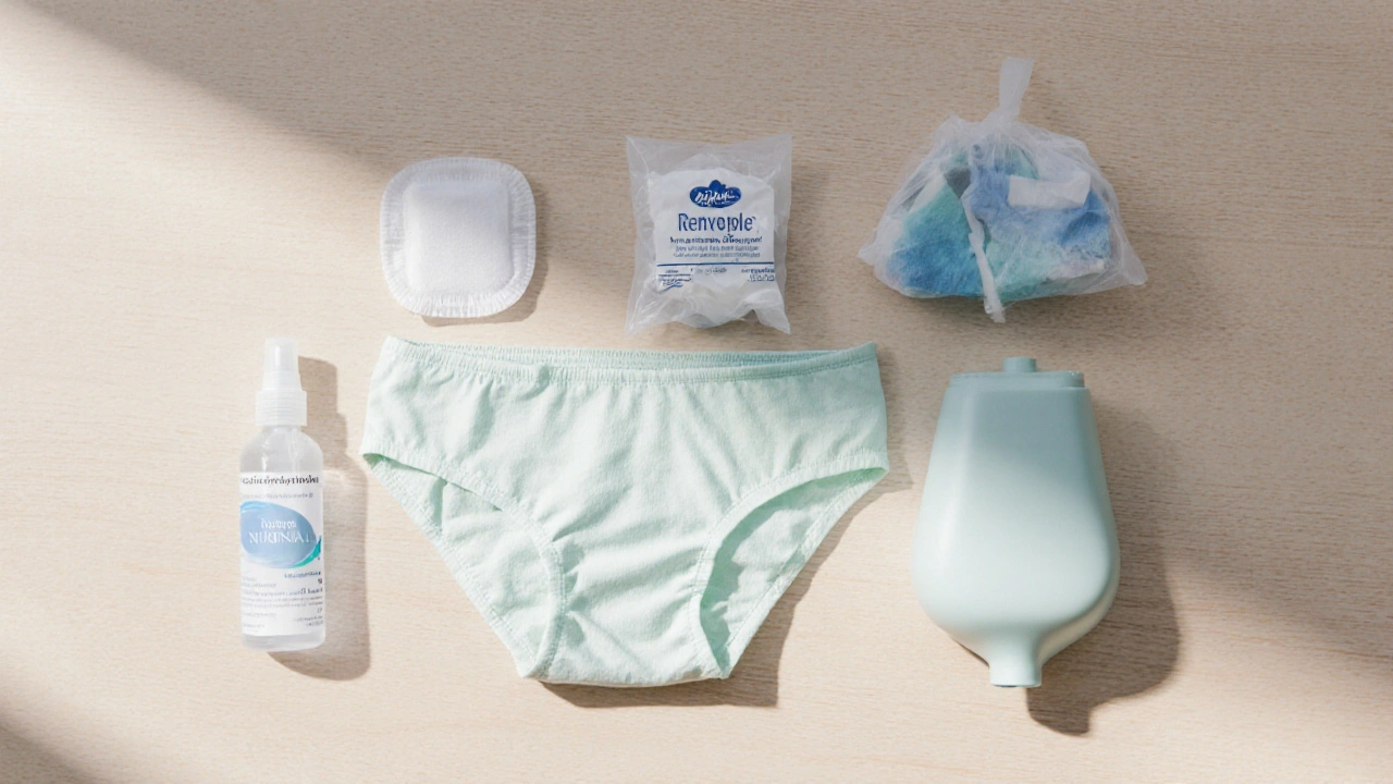 Flat‑lay of absorbent pad, incontinence underwear, portable urinal, and small emergency kit items.