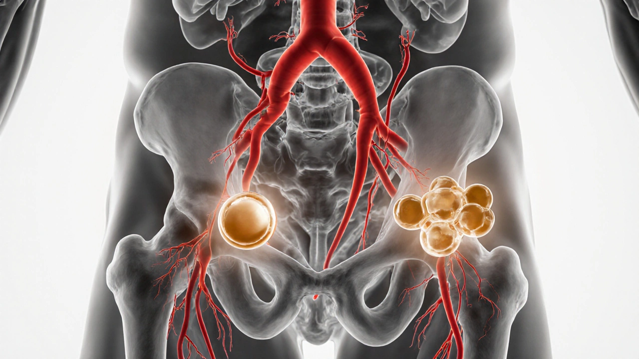 Grayscale pelvic view with crimson blood flow line and amber tadalafil molecules.