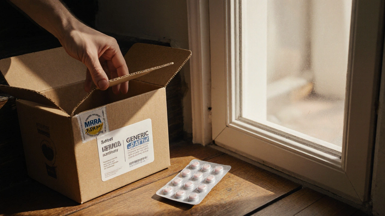 Hand opening a delivery box, revealing a sealed generic Levitra pack on a table.