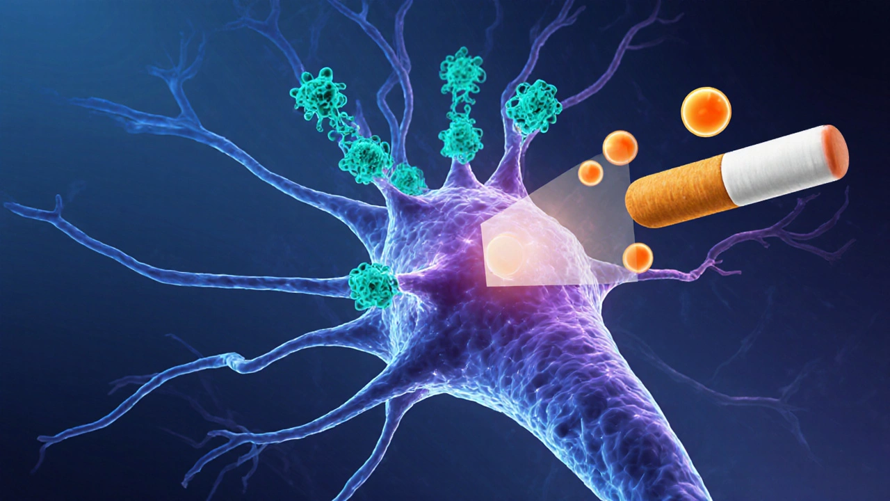 Illustration of brain receptors with varenicline binding and nicotine blocked.