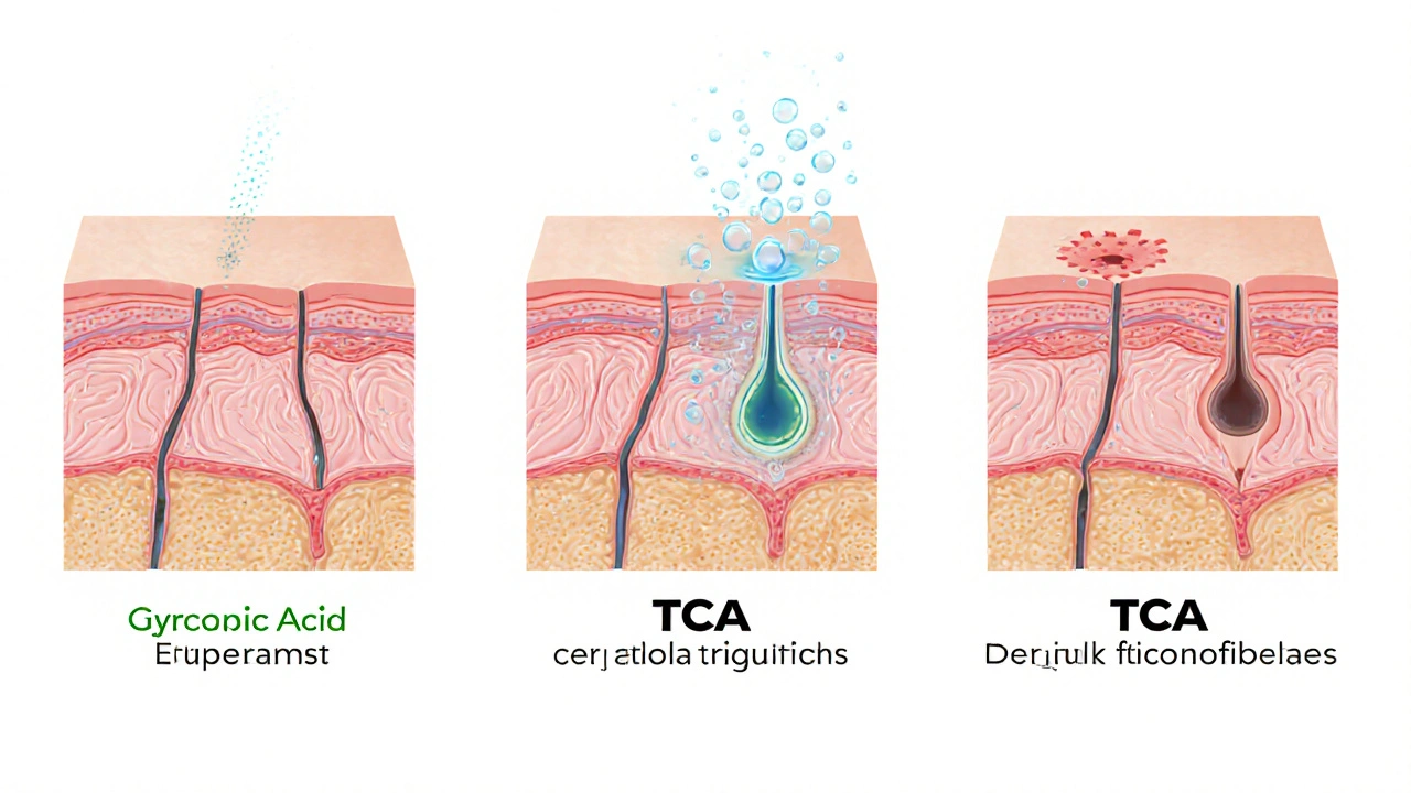 Illustration of skin layers showing glycolic, salicylic, and TCA peels stimulating collagen.