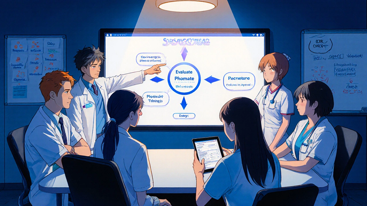 Multidisciplinary team gathered around a screen planning deprescribing steps.