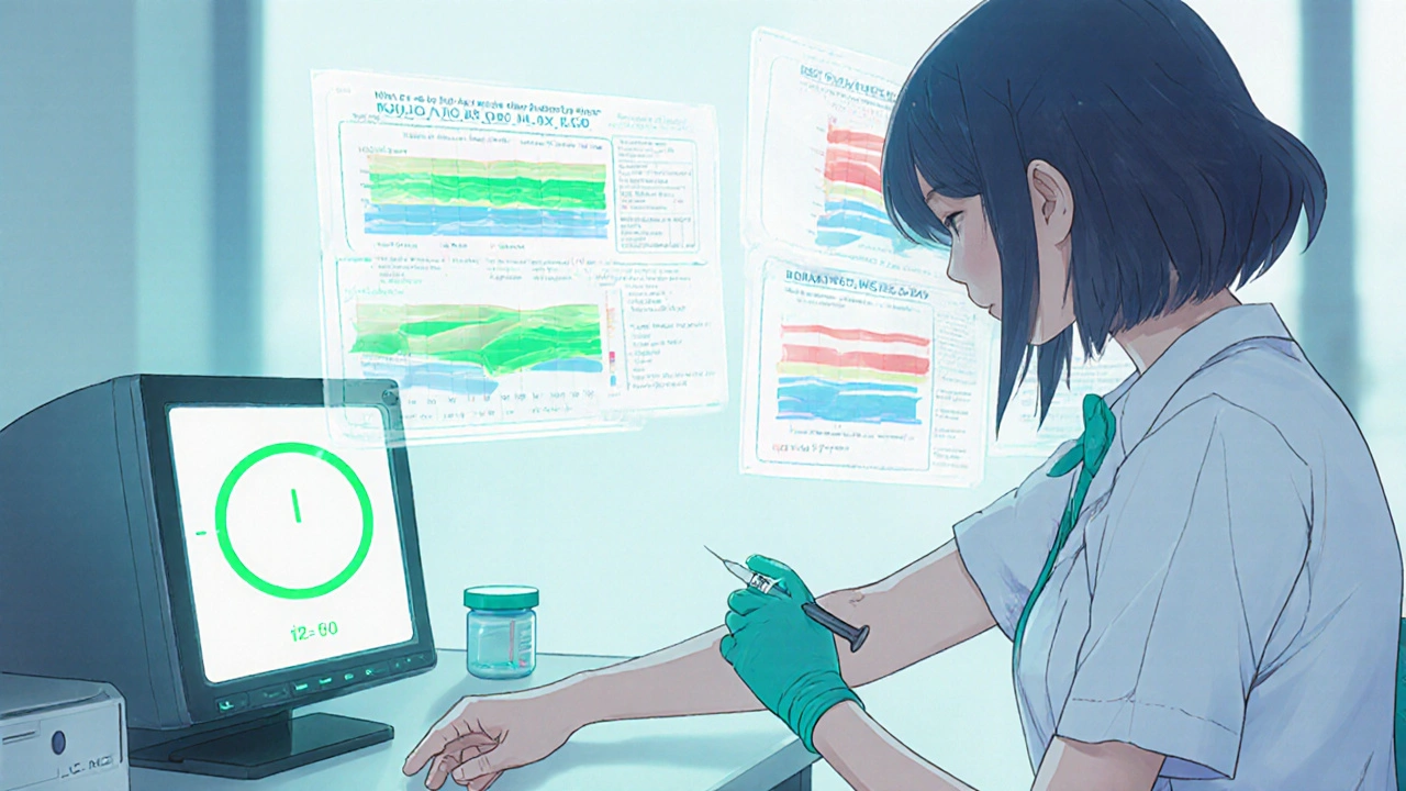 Nurse drawing a blood sample 12 hours after dose, with floating target range charts for transplant types.