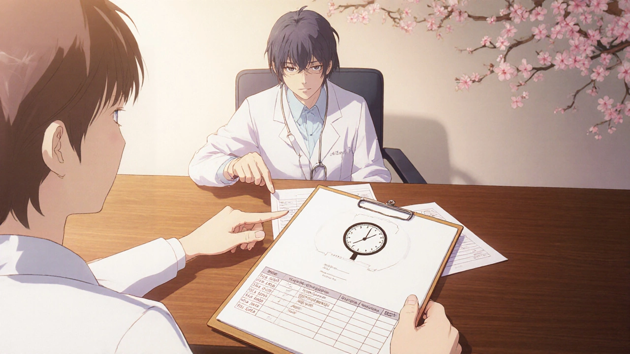 Patient and doctor discuss medication over a clipboard with a blood pressure gauge.