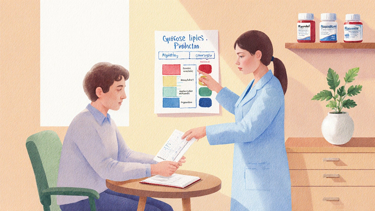 Patient and doctor discussing medication options with a symptom diary.