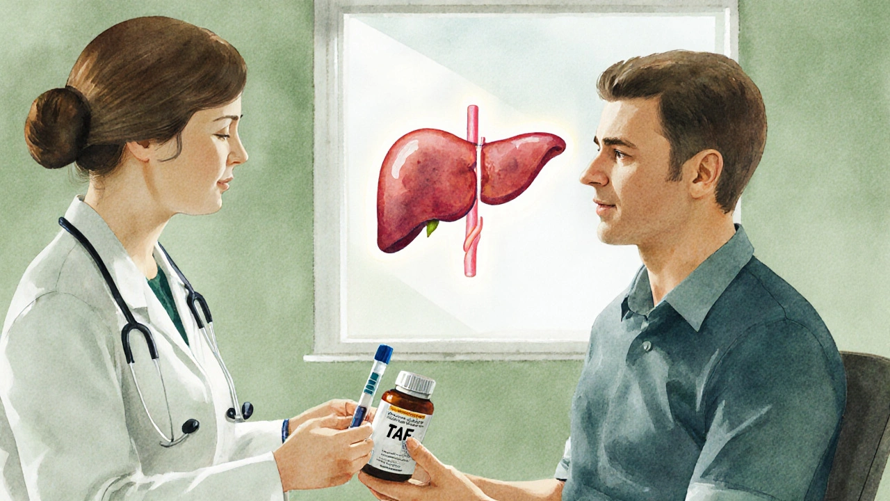 Patient and doctor in a clinic, doctor handing a new pill bottle while a liver illustration glows behind.