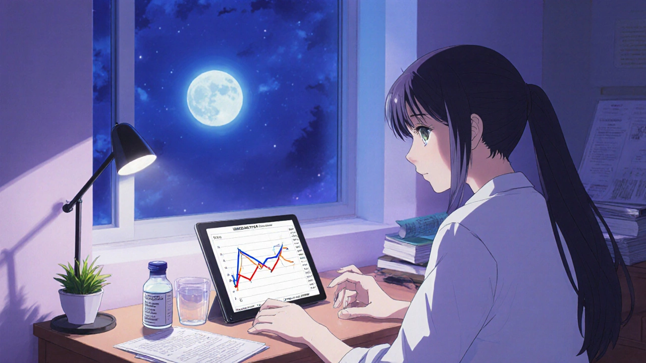 Patient at home reviews tablet showing blood pressure trend and medication bottle.