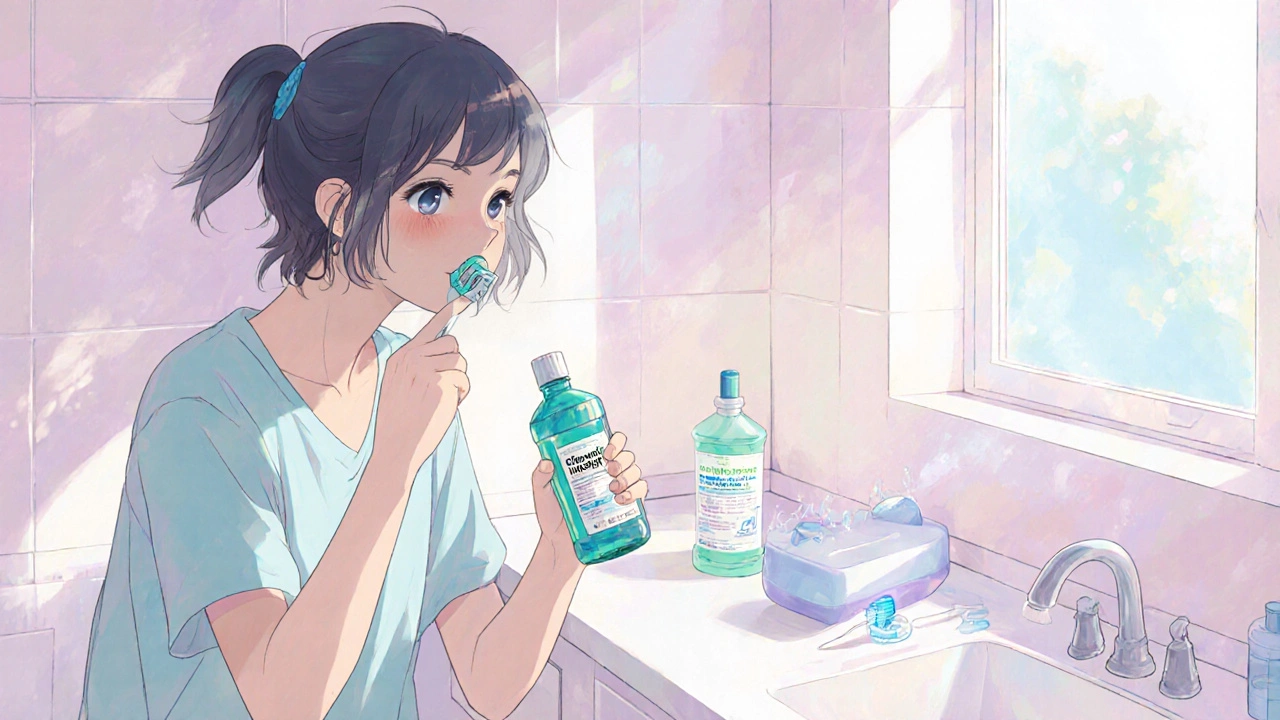 Patient brushing teeth with fluoride toothpaste and using chlorhexidine mouthwash.