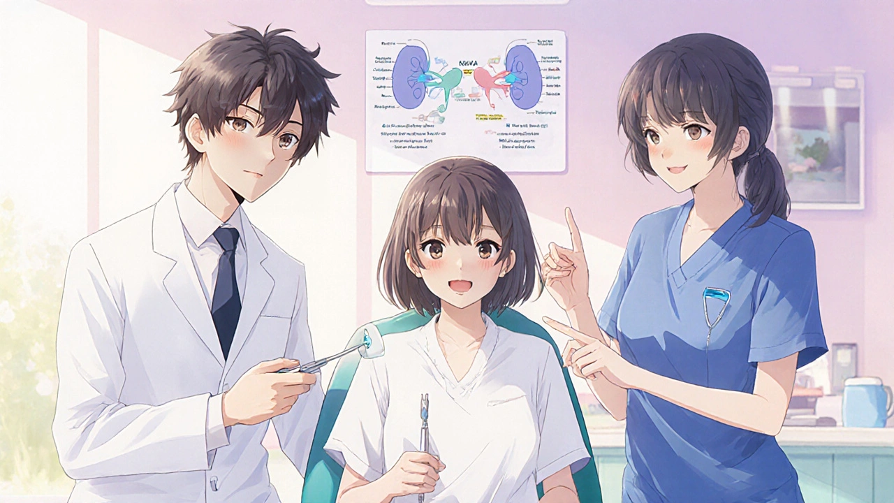 Patient consulting a dentist and nephrologist together in a clinic.