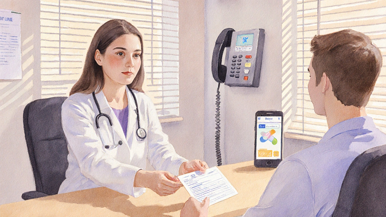 Patient receiving prescription from doctor while discussing quitting smoking.