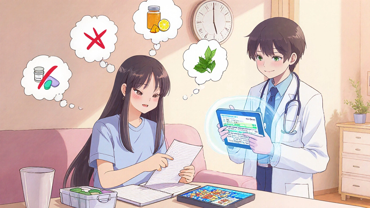 Patient reviewing medication diary at home while holographic doctor shows stable cyclosporine levels.