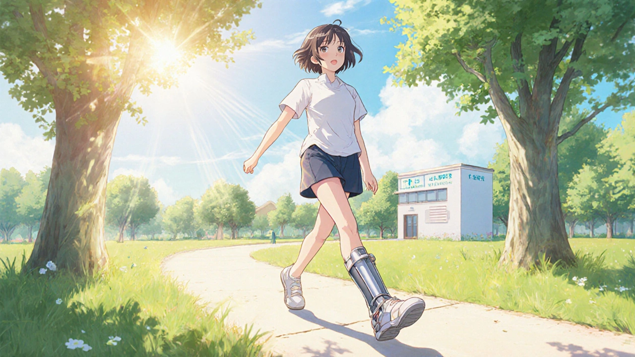 Patient walking confidently outdoors with a leg orthotic after therapy.