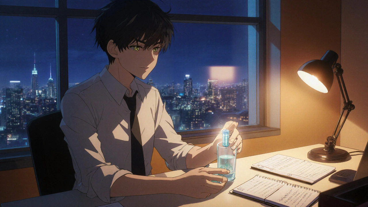 Person at desk logging pill use, holding a Modawake capsule under warm lamp light.