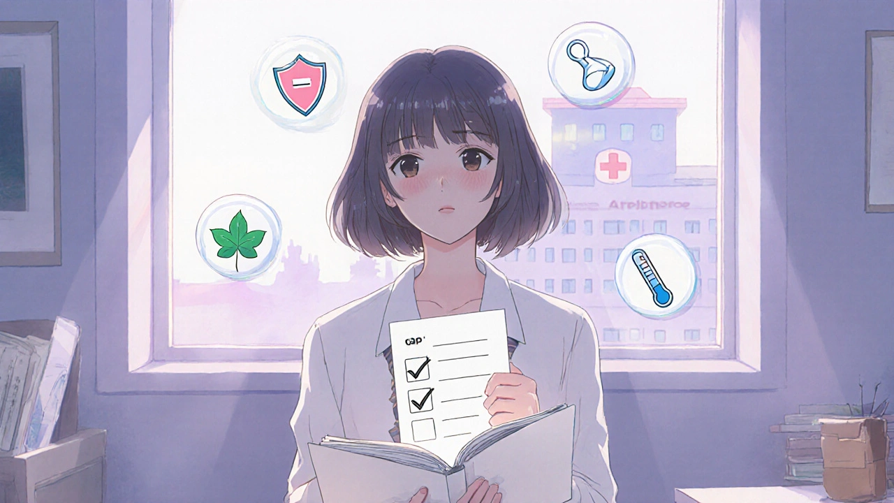 Person holding a checklist with icons for safety, dosage, and infection severity.