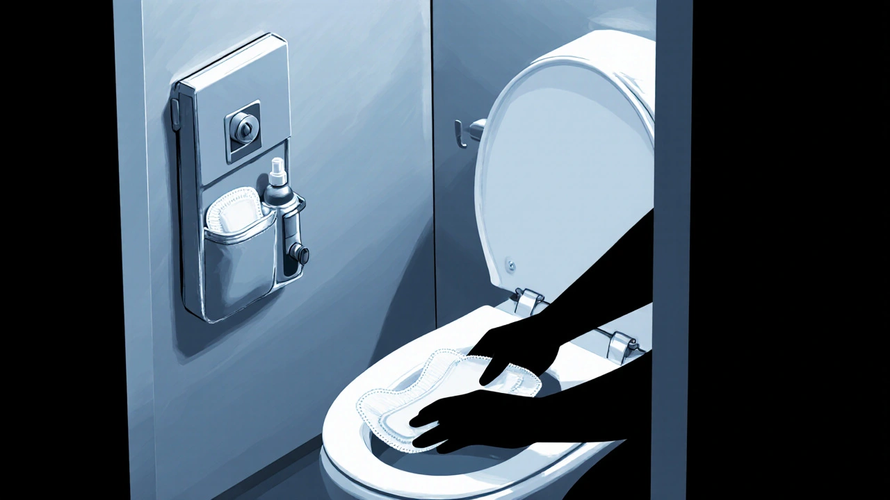 Person in a public restroom stall placing a pad on the seat, with a discreet kit hanging nearby.