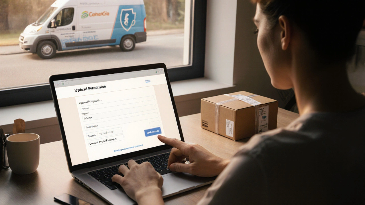 Person ordering medication online, uploading prescription and sealing a plain delivery box.