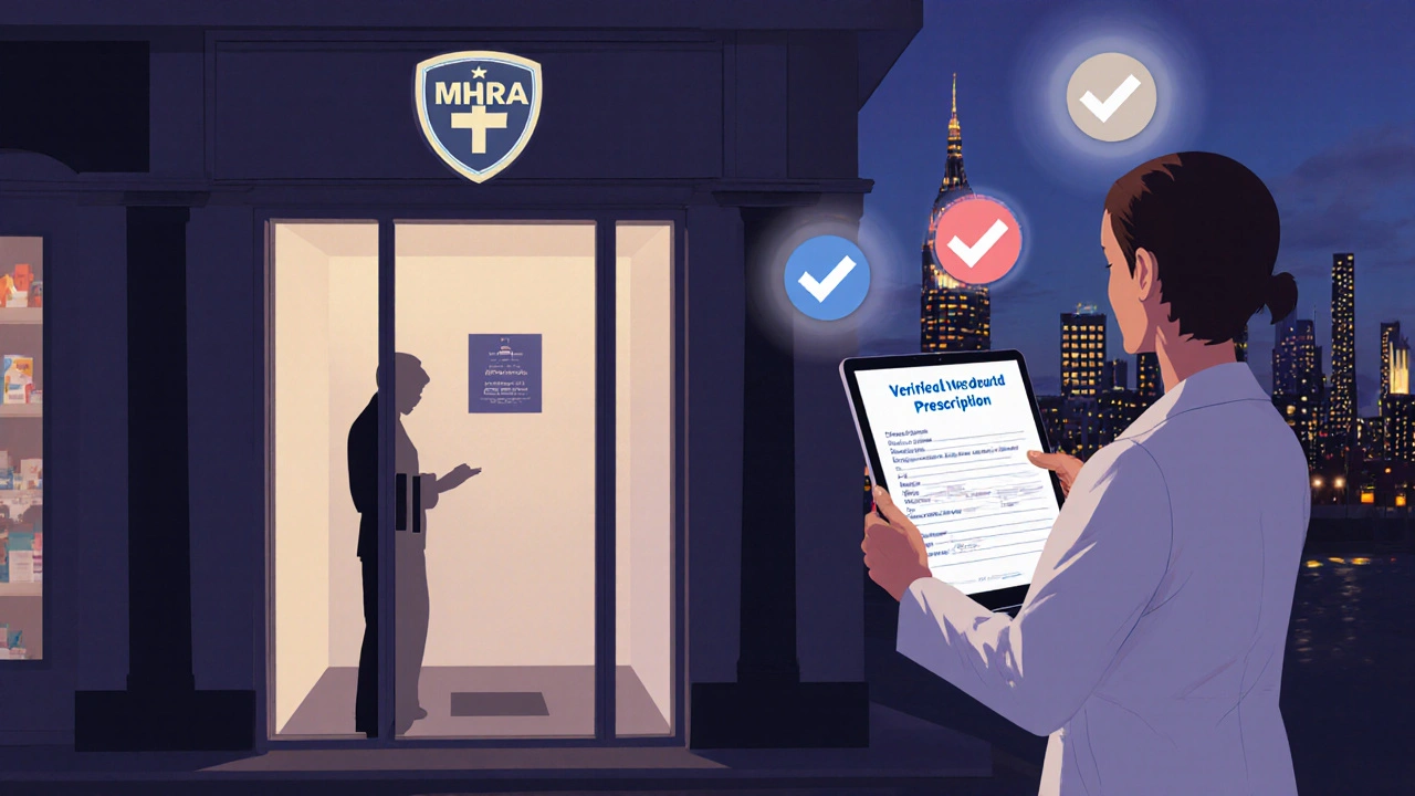Pharmacy storefront with MHRA badge, doctor holding a tablet, and city skyline at dusk.
