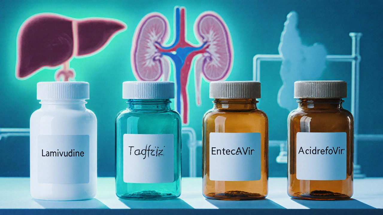 Row of antiviral medication bottles on a lab bench with liver and kidney silhouettes in the background.