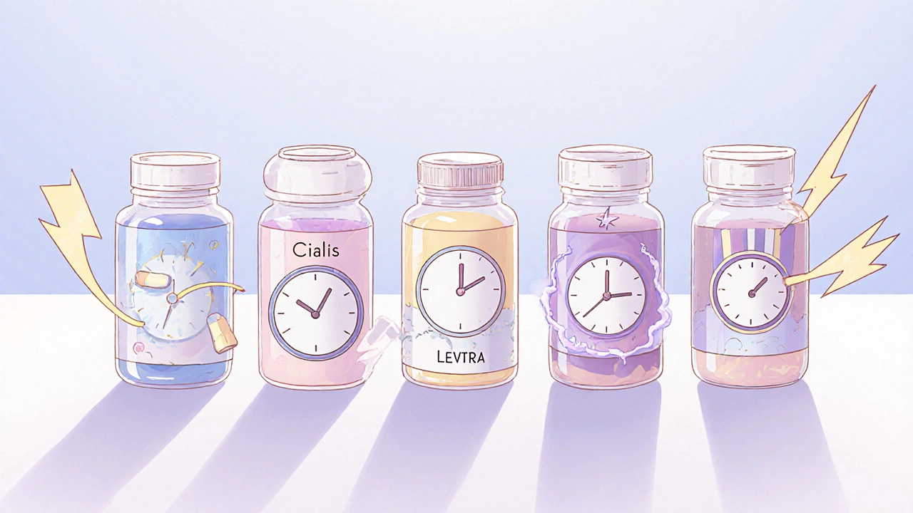 Row of five distinct pill bottles, each with symbols for onset speed and duration in anime style.