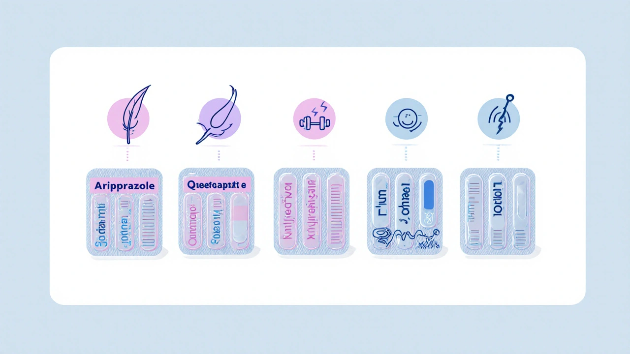 Row of pill packs each with icons for weight gain, sedation, and EPS.