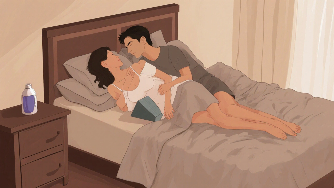 Side‑lying intimate pose with pillows supporting a couple.