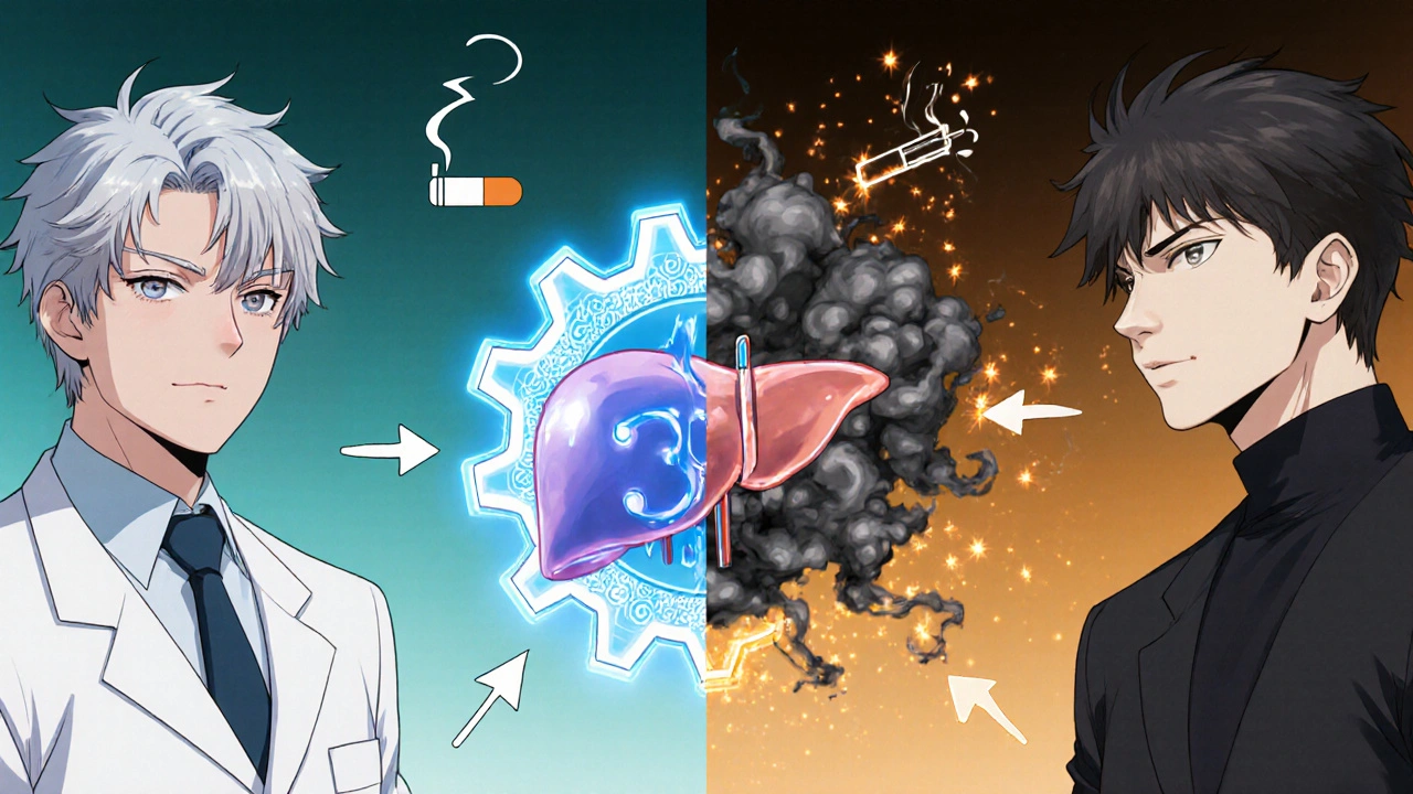 Split illustration of liver enzyme CYP3A4 normal vs. induced by smoking, with arrows and pills.