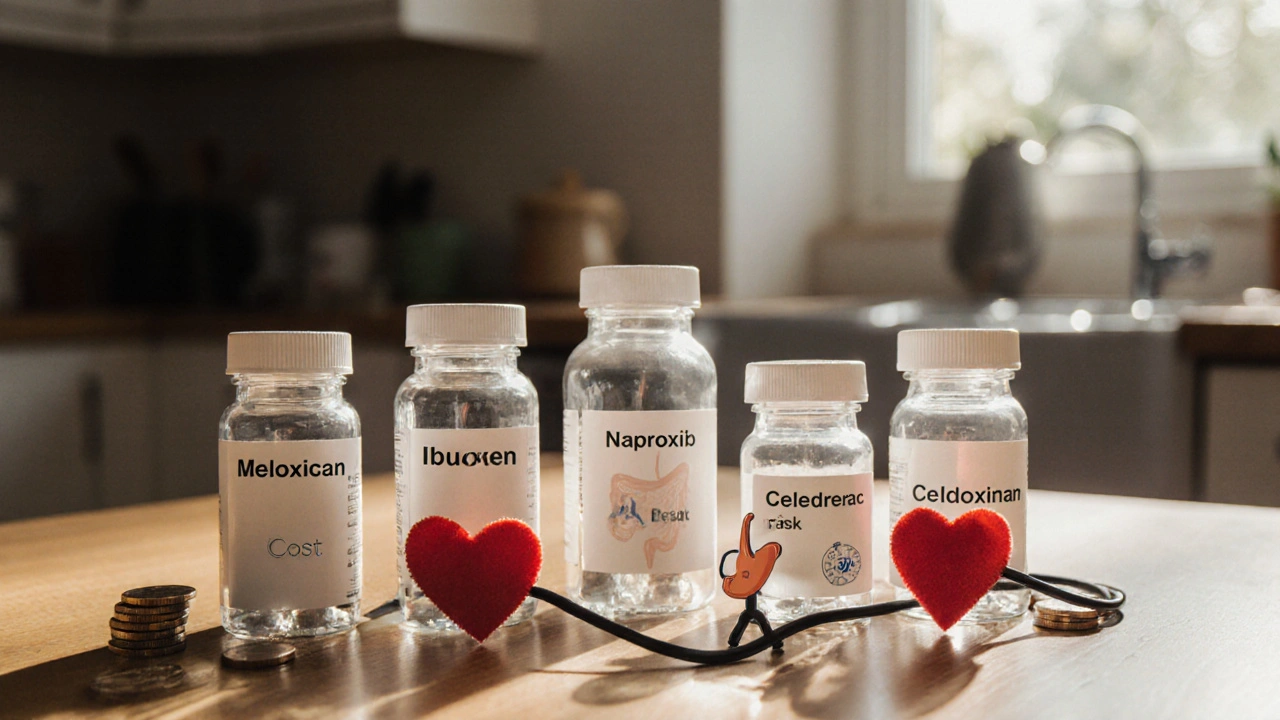 Table with various NSAID bottles surrounded by visual cues for cost, heart, stomach, and blood pressure.