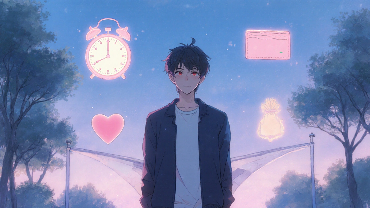 Thoughtful young man at a crossroads with floating clock, wallet, and heart icons.