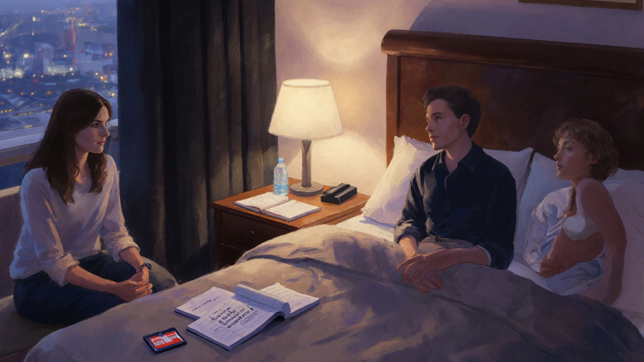 Traveler and companion reviewing seizure action plan in a quiet hotel room.