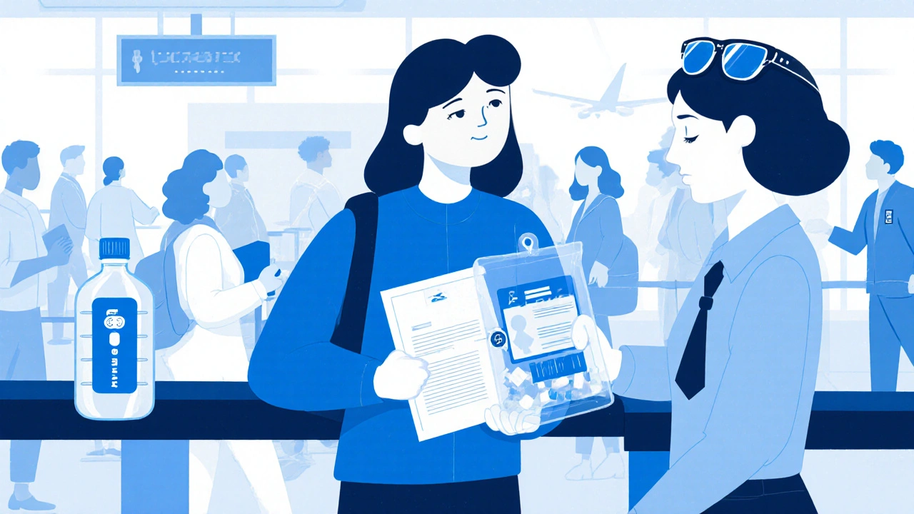 Traveler showing medication pouch and ID at airport security with water bottle.