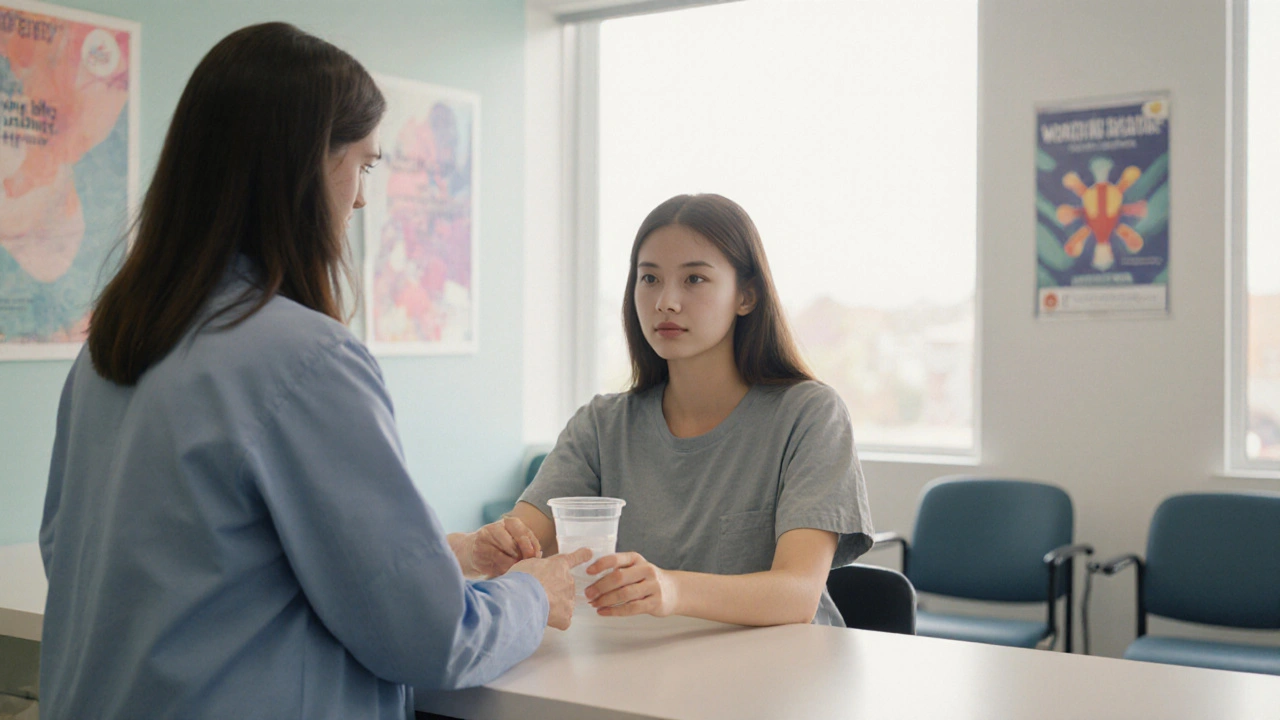 Woman giving urine sample at a sexual health clinic