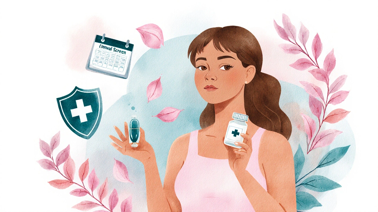Woman holding a condom and medication, emphasizing prevention
