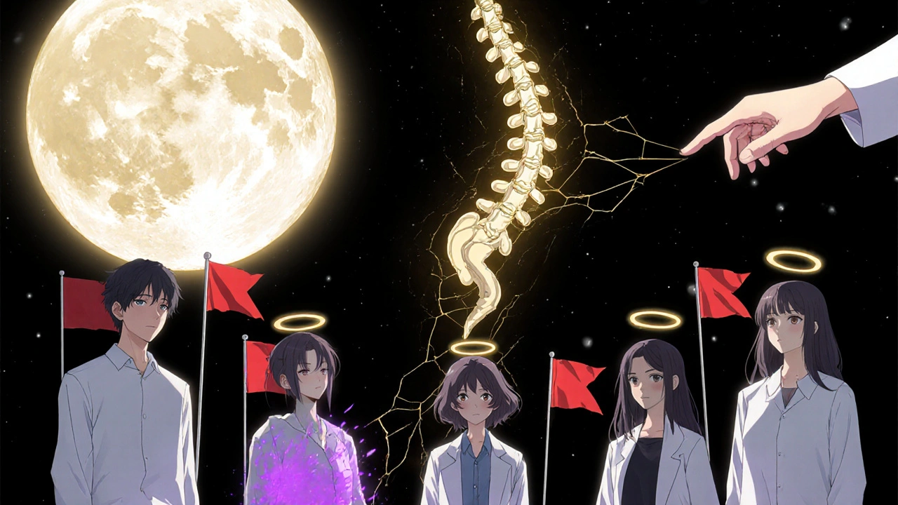 A circle of patients each marked by their unique red flag, beneath a fractured moon and a healing ethereal spine.