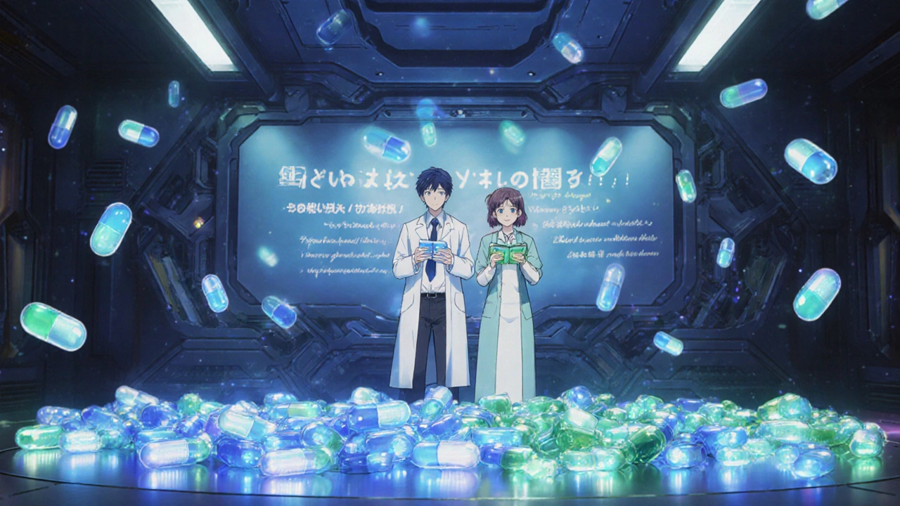 A doctor and patient stand beside holographic color-coded generic pills, symbolizing a new FDA standard for visual consistency.