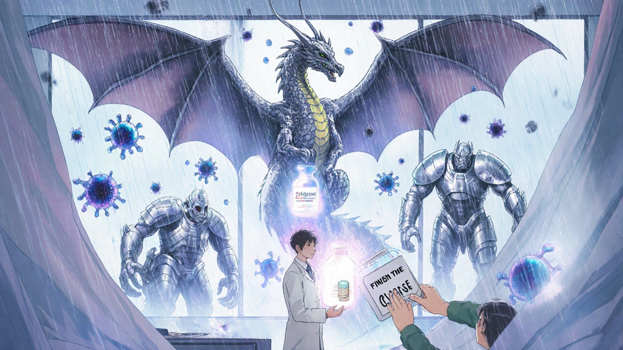 A doctor holds a dragon-shaped antibiotic vial as resistant bacteria crumble in a storm of rain and light.