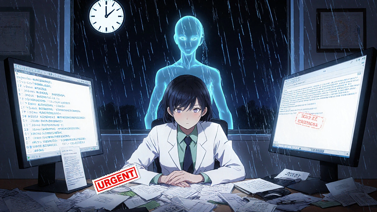 A doctor works late at night surrounded by denial notices, with a ghostly patient figure representing worsening health behind them.